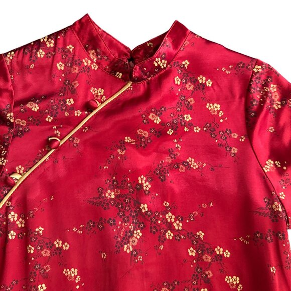 Guess Girls Red Mandarin Collar Floral Satin Dress 6Y Short Sleeves Vintage Styl - Picture 2 of 4